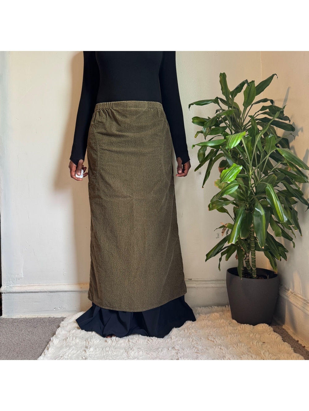90s Flax Corduroy Maxi Skirt Olive Lagenlook Earthy Boho vintage M fits L-XL